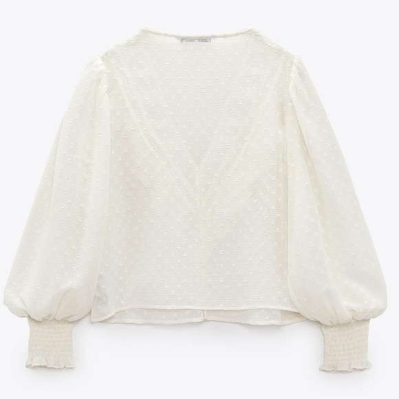 Zara Sheer Swissdot Ruffle V-Neck Crochet Trim Button Up Balloon Sleeve Blouse - Picture 7 of 16